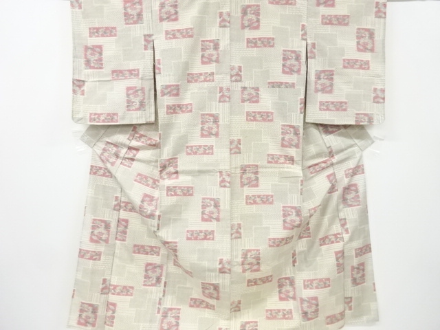 アンティーク　重ね色紙に草花模様織り出し十日町紬単衣着物